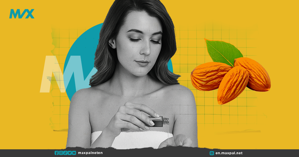 Illustration of bitter almond oil bottle with almonds and a woman’s silhouette, symbolizing natural skin and body care.